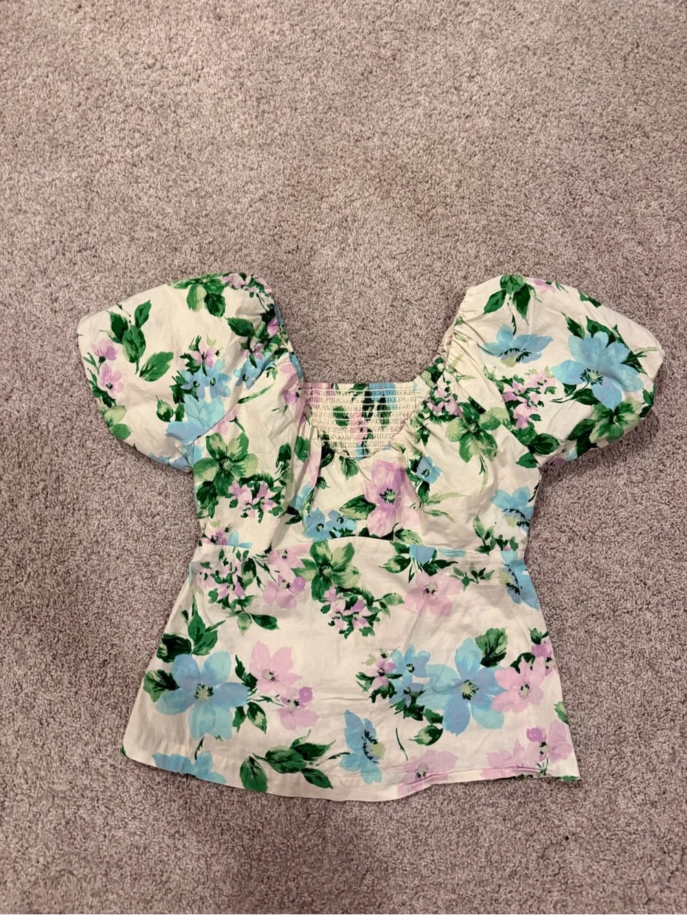 Cream Floral Puff-Sleeve Smocked Peplum Top